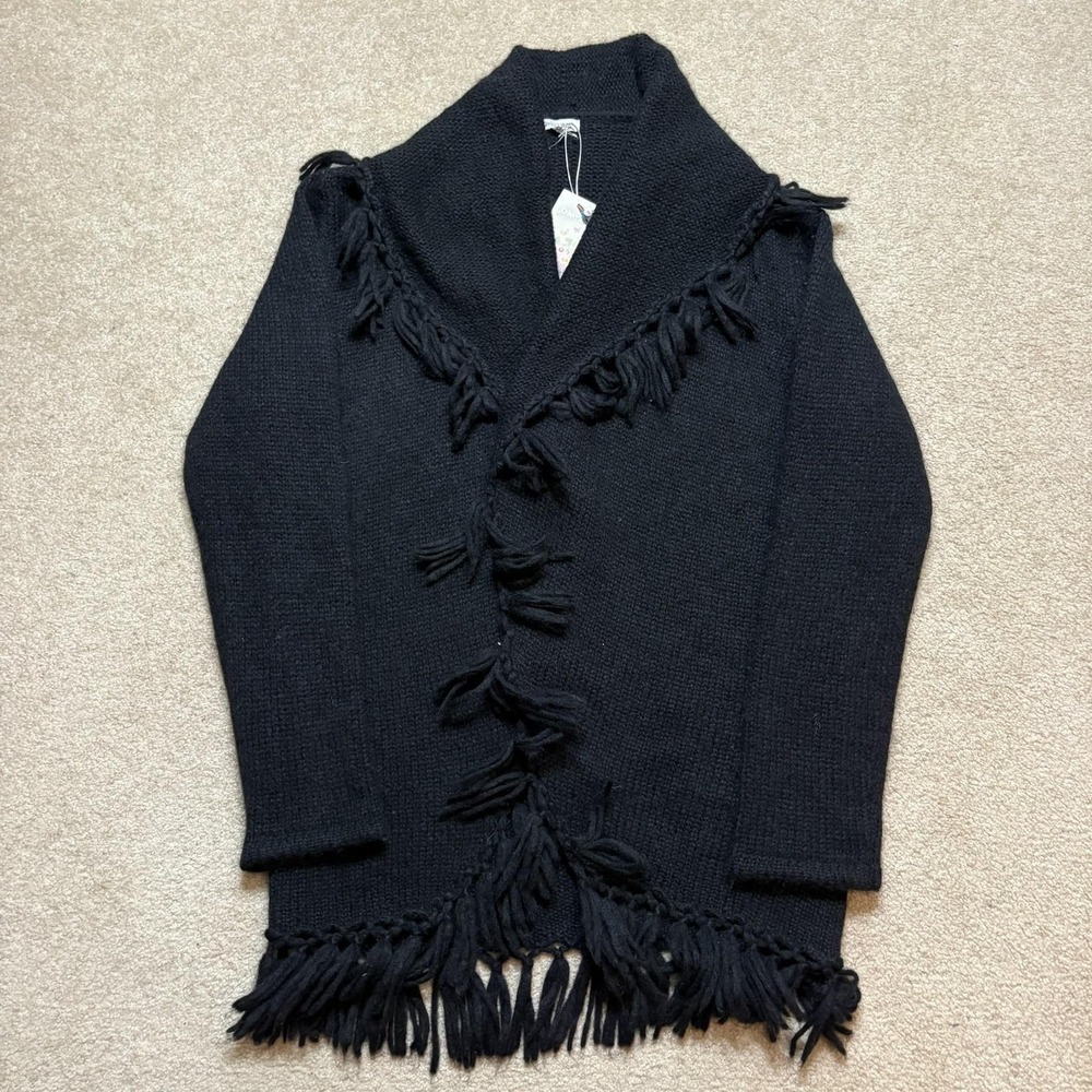 Johnny Was Fringe Sweater Cardigan NWT Womens‎ Medium Black Alpaca Open Front